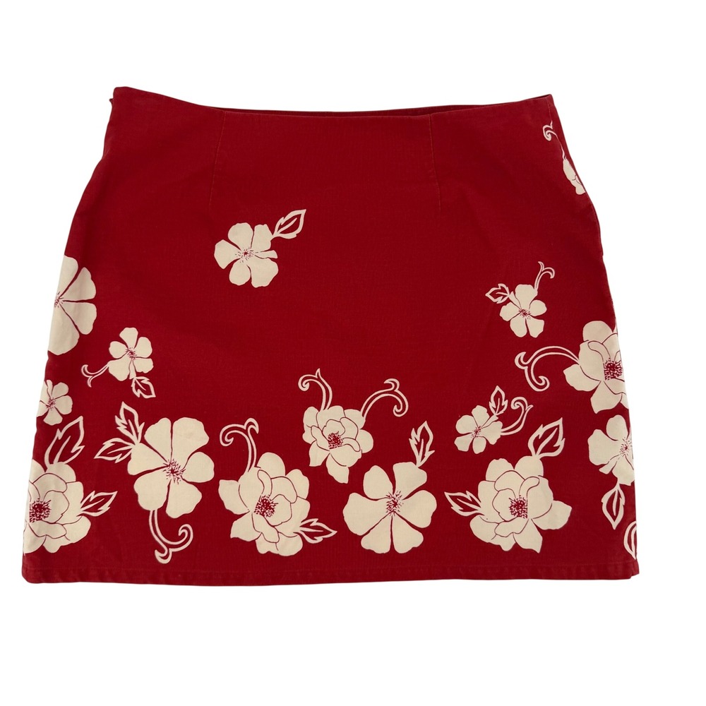 Esprit 100% Cotton Mini Skirt Womens 11/12 Red Cream Floral Hibiscus Y2K Vintage